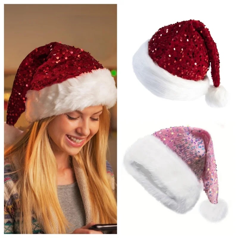 Santa Hat Plush - Dwuwarstwowy cekinowy kapelusz świąteczny z pluszu,
