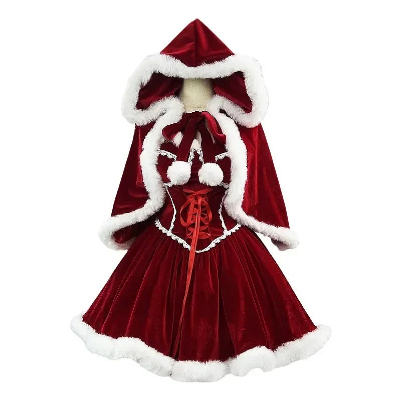 Elf Costume Christmas - Czerwona sukienka na Nowy Rok, peleryna,