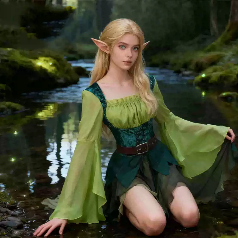 Elf Costume Christmas - Damska Elfia Sukienka Średniowieczna Zielona Sukienka